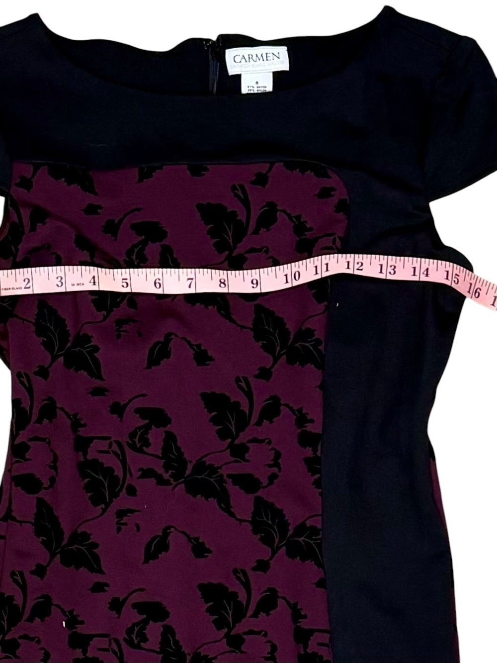 Carmen by Carmen Marc Valvo Black & Plum Floral Sheath Dress Size 6 - Picture 10 of 11